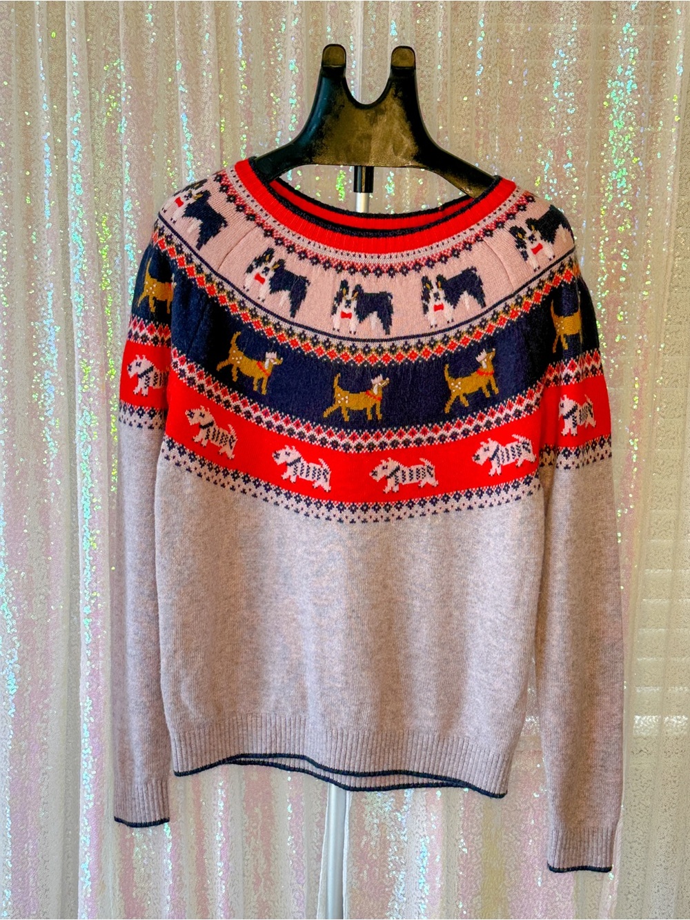 Lavender Boden Sweater with Red, Navy, and Pink Fair Isle Dogs Size Large